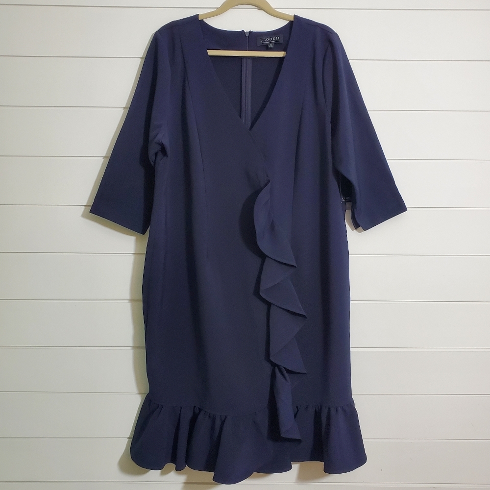 ELOQUII front cascading ruffle navy blue midi dress, Size 18 Dress NEW